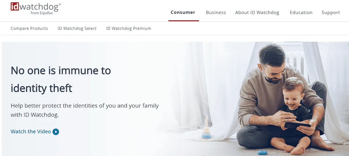 The ID Watchdog homepage showing a father playing with his child and a title that reads “No one is immune to identity theft”